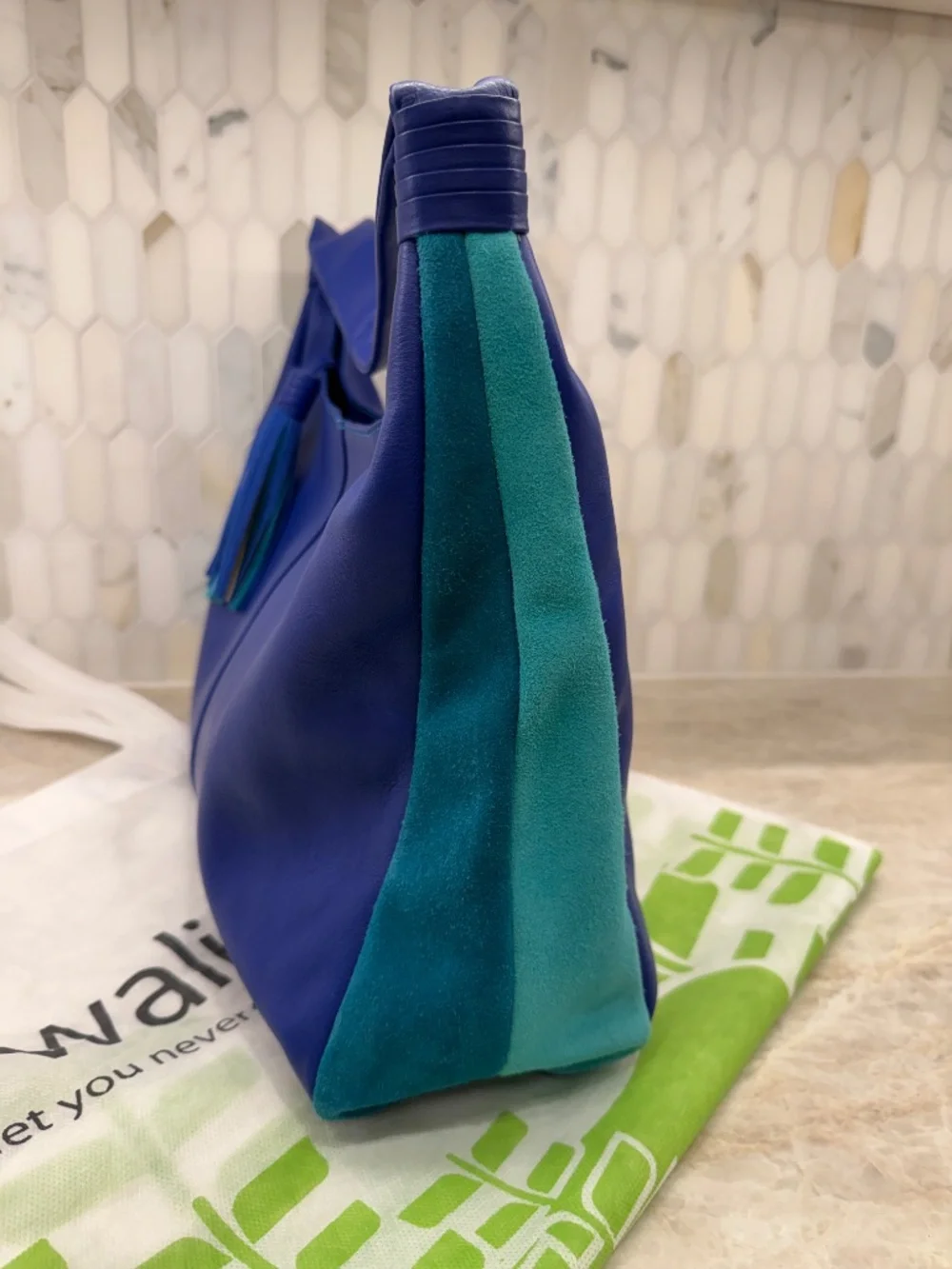 Mywalit Bag Royal Blue Leather with turquoise suede side panels, MINT